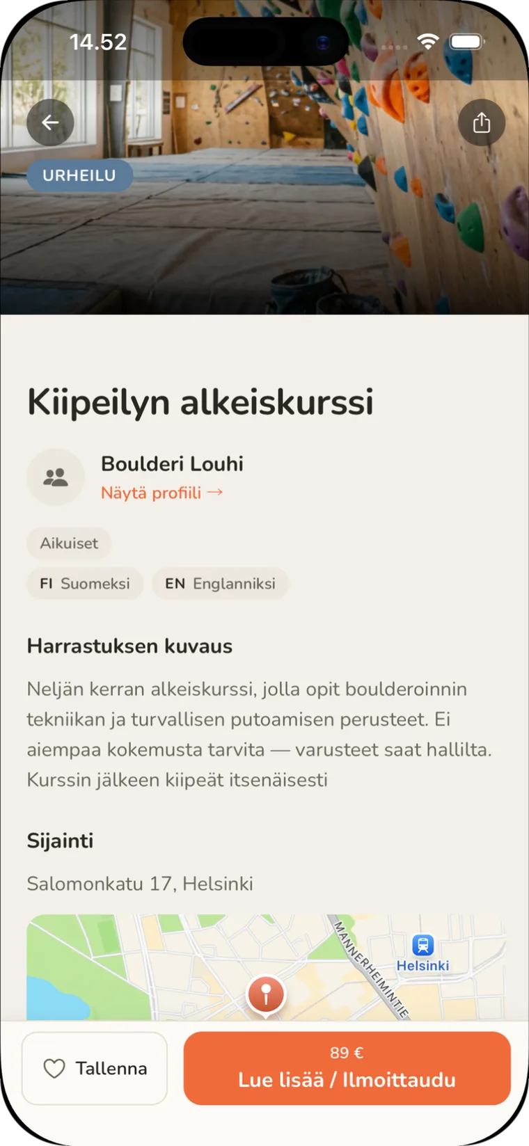 Saman harrastuksen sivu sovelluksessa: kuvaus, sijainti kartalla, hinta ja ilmoittautumispainike.