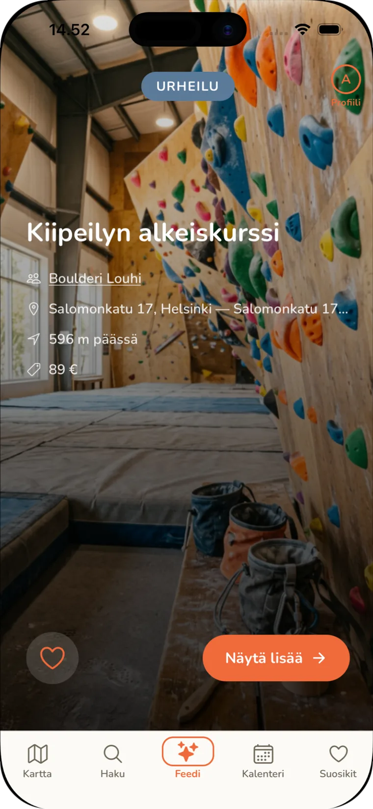 SYKÄ-sovellus puhelimessa: kiipeilyn alkeiskurssi kuvineen, järjestäjä, osoite, etäisyys ja hinta.